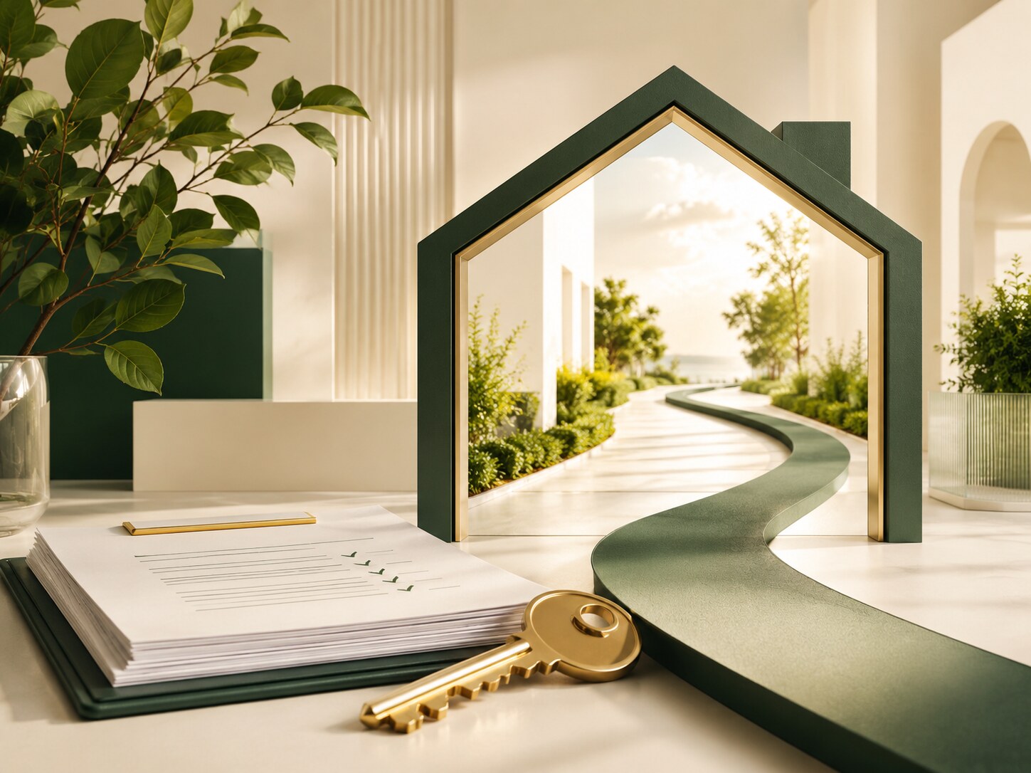 A bright path through a house-shaped doorway beside closing documents and a home key